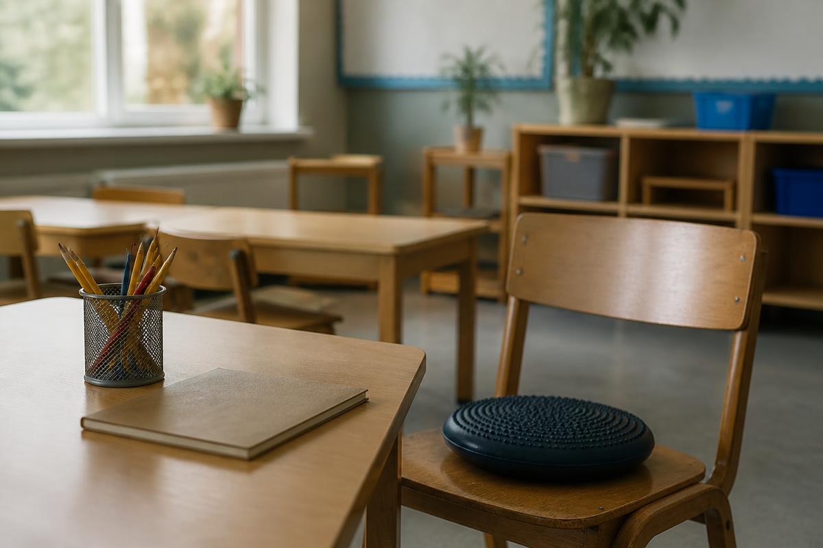 An empty primary school desk with a pencil pot and notebook beside a wooden chair with a wobble cushion, in soft morning light.