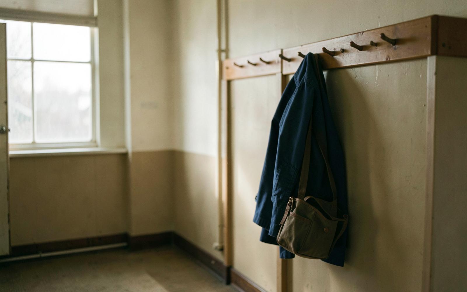 A quiet primary school cloakroom with a single coat and book bag on a wooden peg rail in soft morning light.