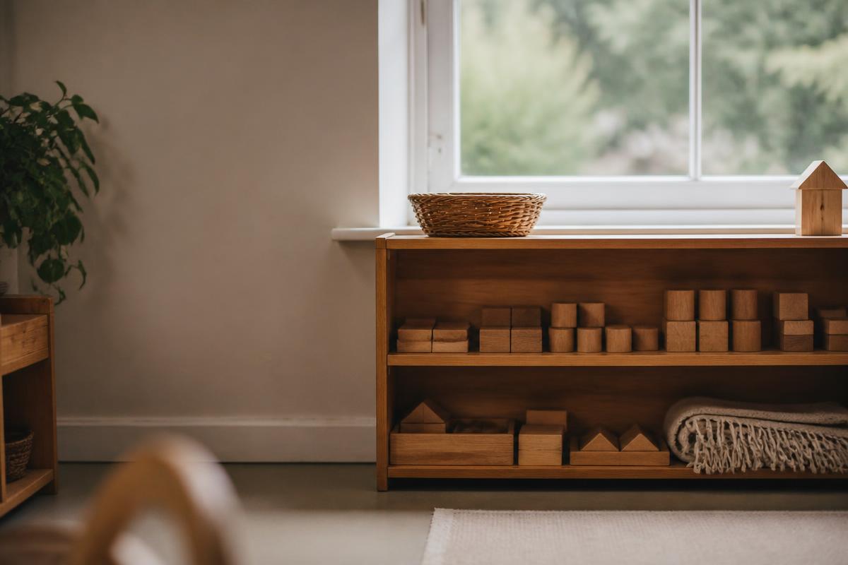 A quiet corner of a primary classroom with a low wooden shelf of neatly arranged wooden blocks and a folded blanket beside a window.