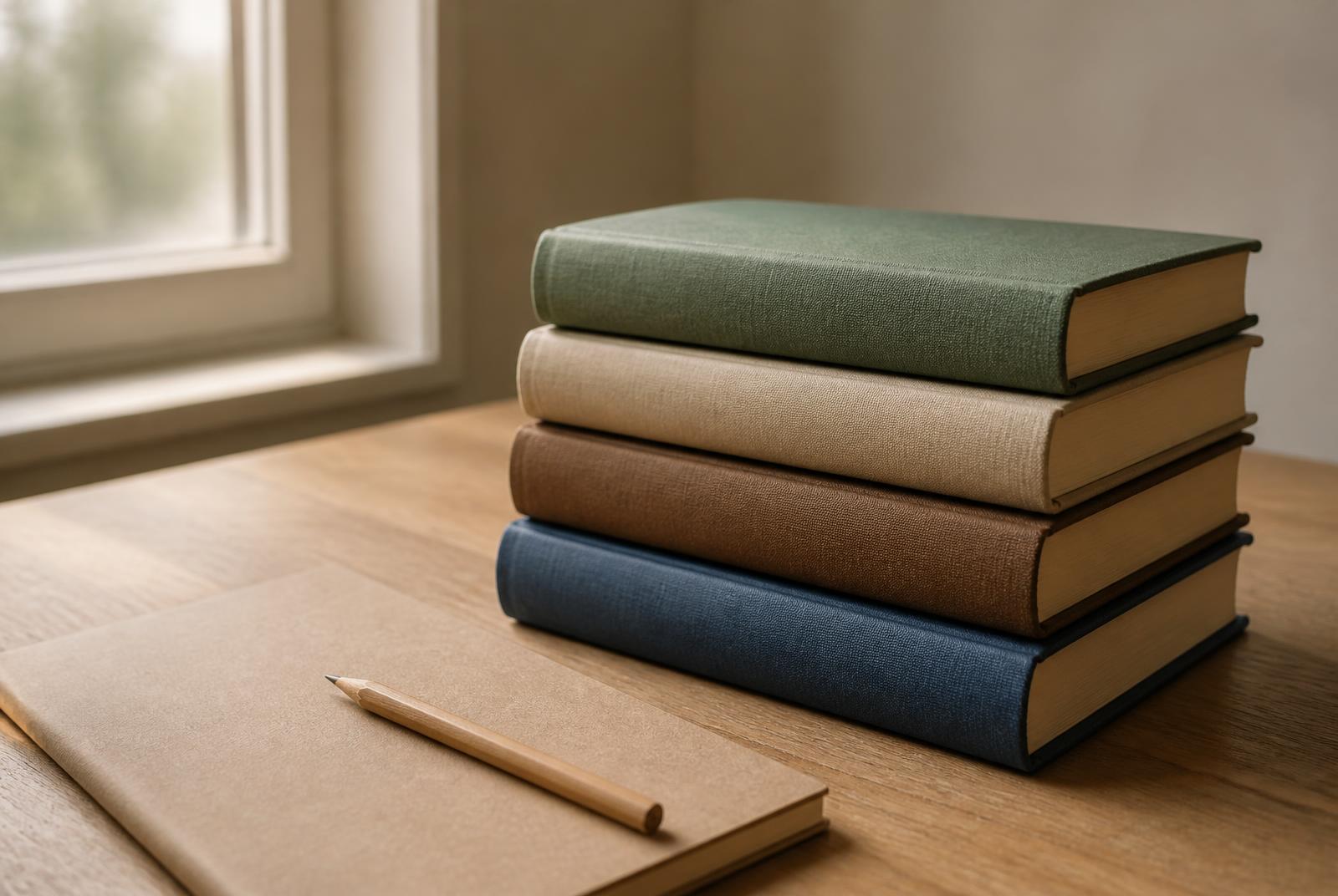 A stack of well-loved picture books beside a notebook on a wooden desk in soft window light.