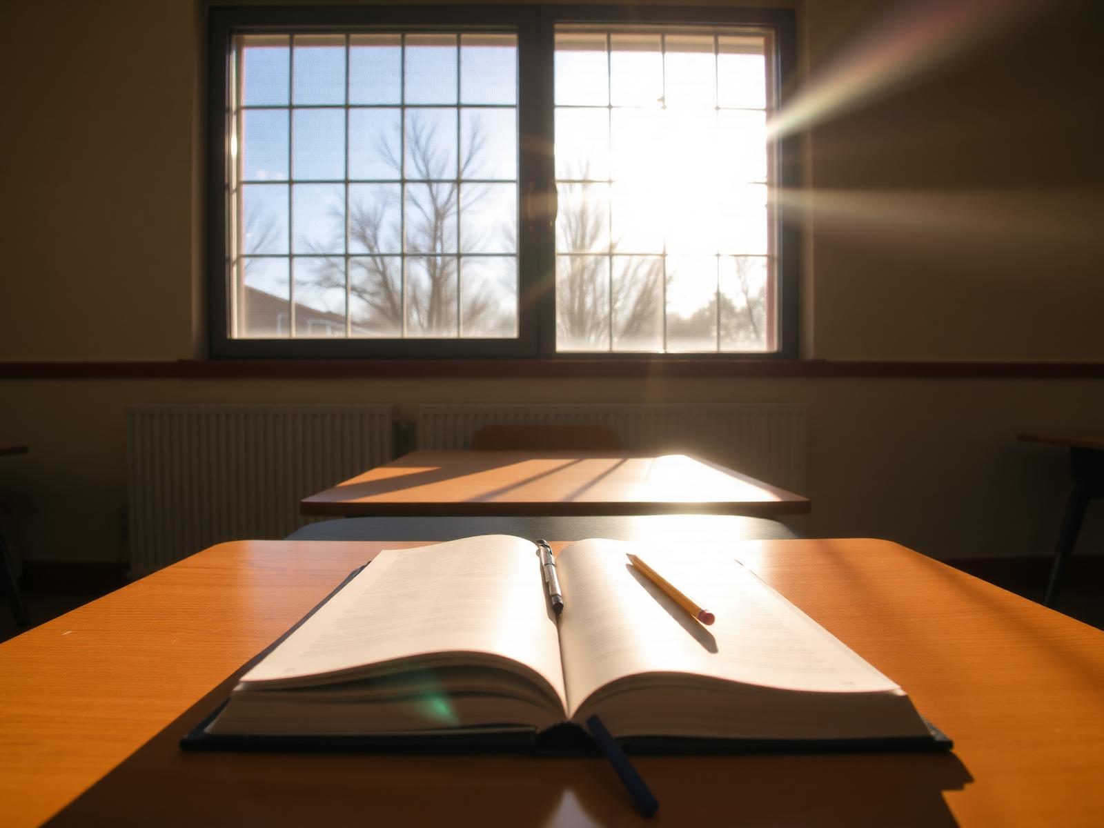 An open book and pencil on a classroom desk lit by low morning sunlight through a window.