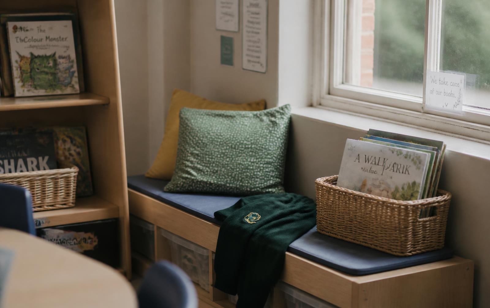 A quiet primary school book corner with a wooden bench, cushions and a basket of picture books beside a window in soft daylight.