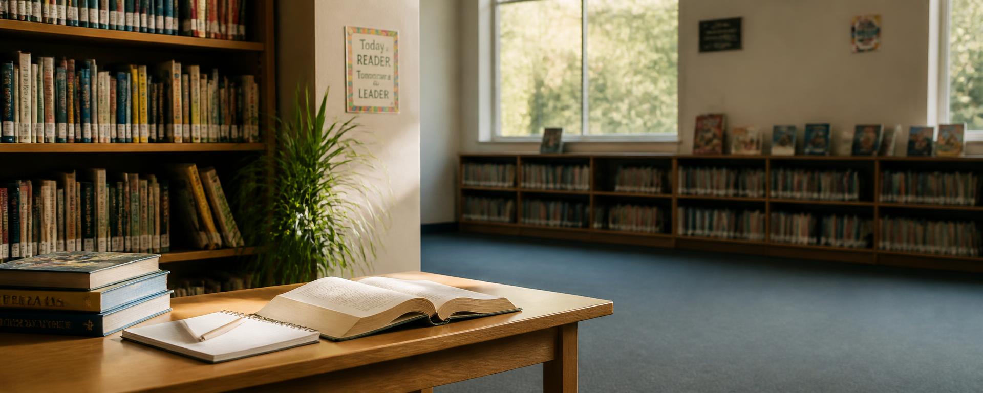 A quiet school library corner with warm wooden shelves.