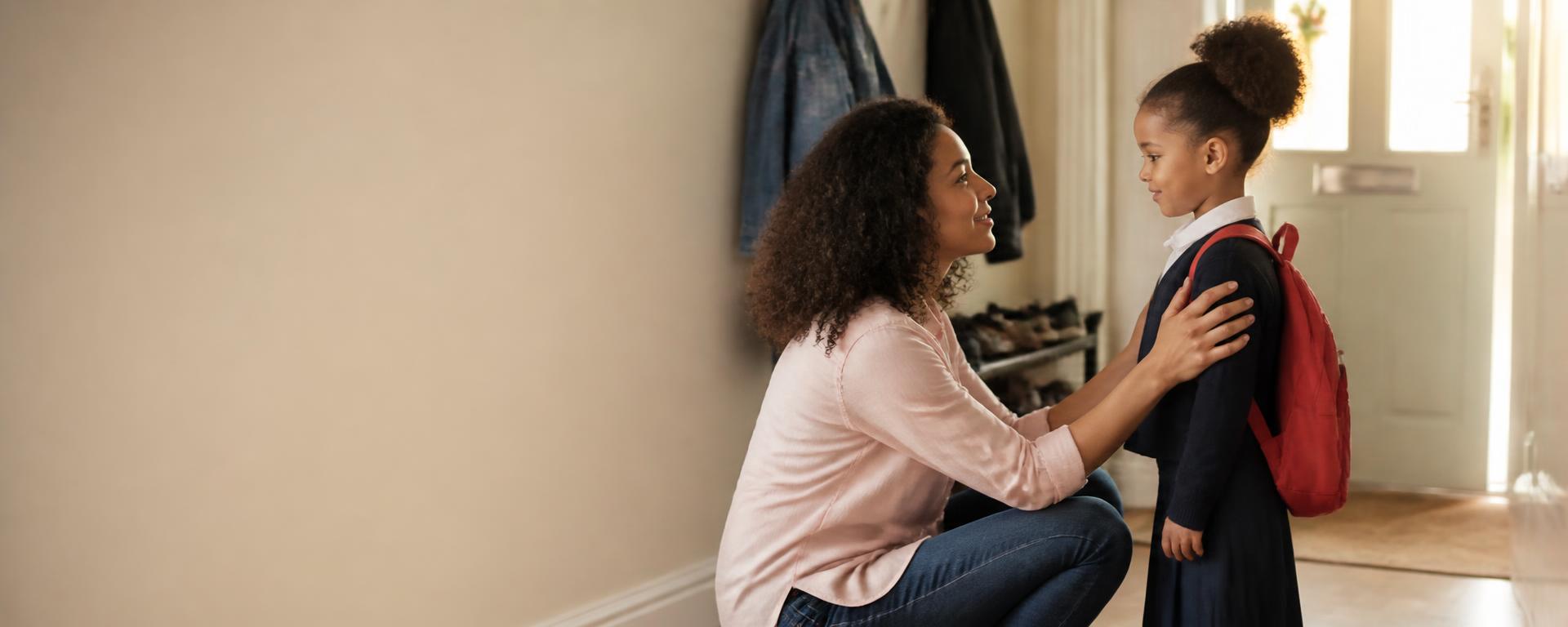 A parent kneeling at eye level beside their child in a hallway at home before school.