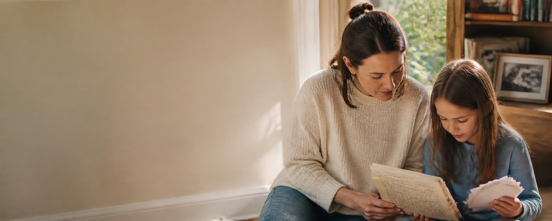 A parent and child sitting side by side reading a handwritten notebook in soft window light.
