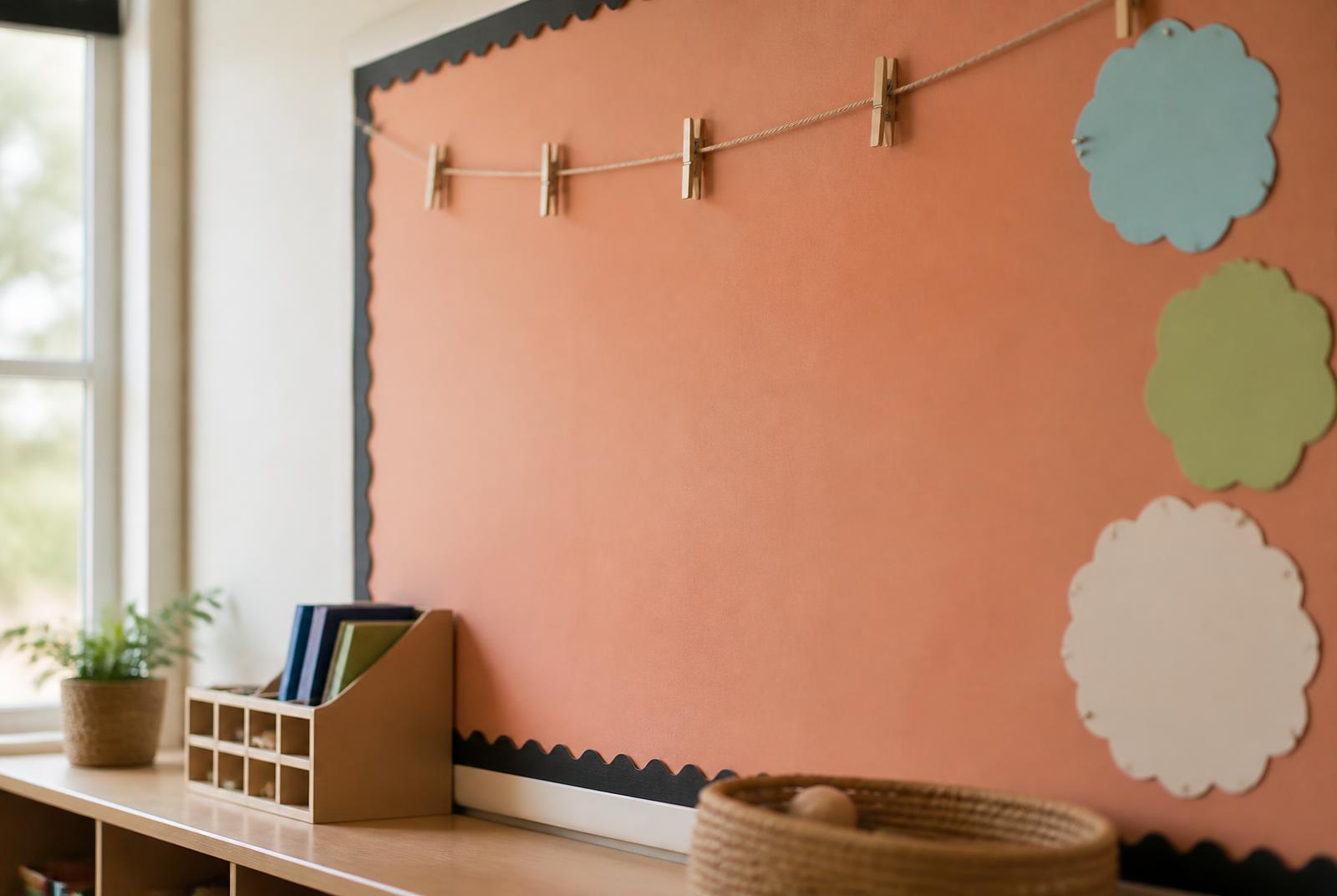 A pegboard on a classroom wall with wooden name tags in warm afternoon light.
