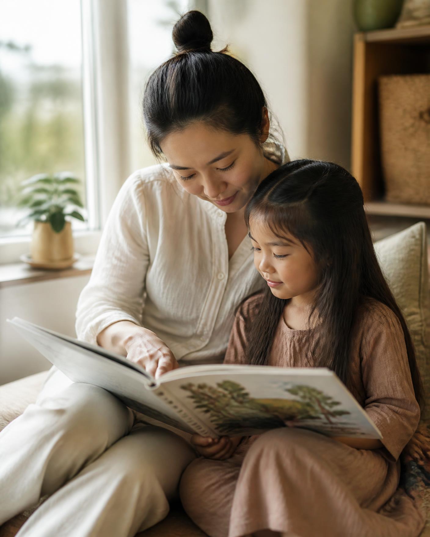 An adult and child reading a picture book together in warm window light.