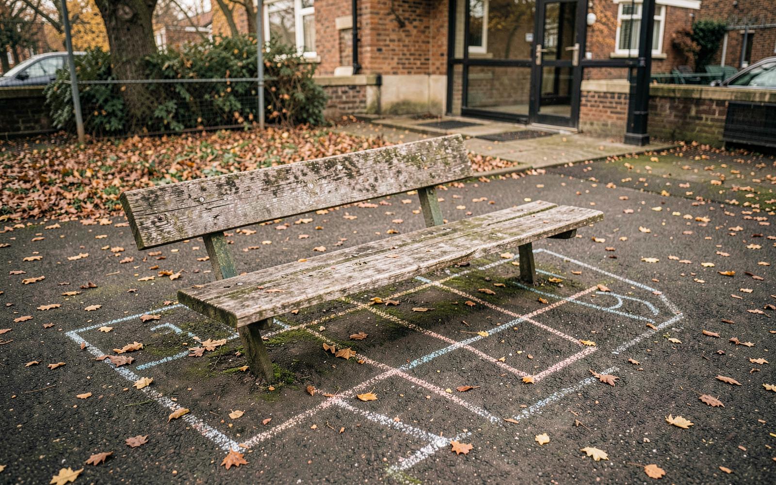 An empty wooden bench beside a primary school playground with a faded chalk hopscotch grid and autumn leaves.