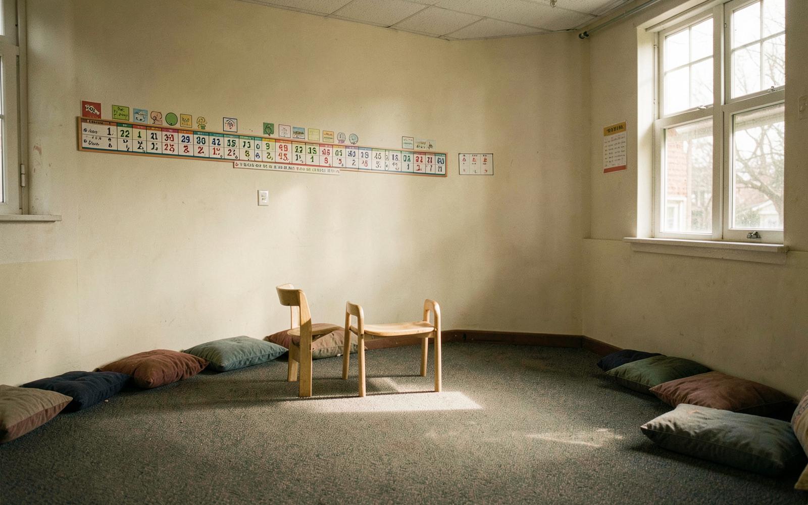 A quiet primary classroom carpet area with cushions and a low bookshelf in soft daylight.