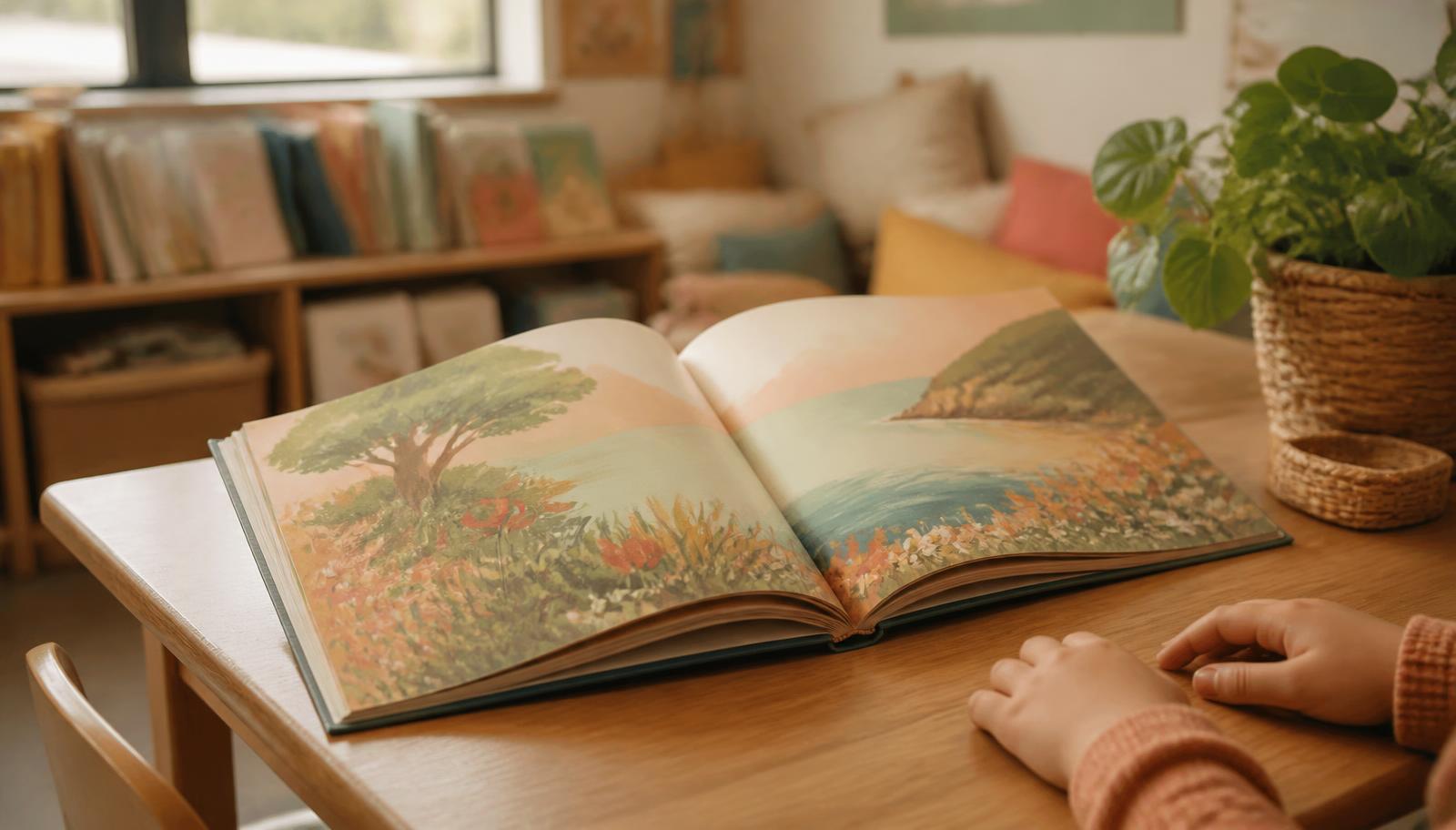 An adult and a young primary school child sitting side by side over an open picture book in soft window light.